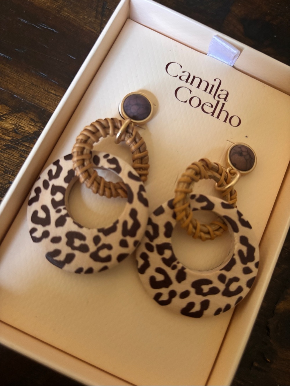 Camila Coelho Leopard Print Hoop Earrings in Tan and Dark Brown